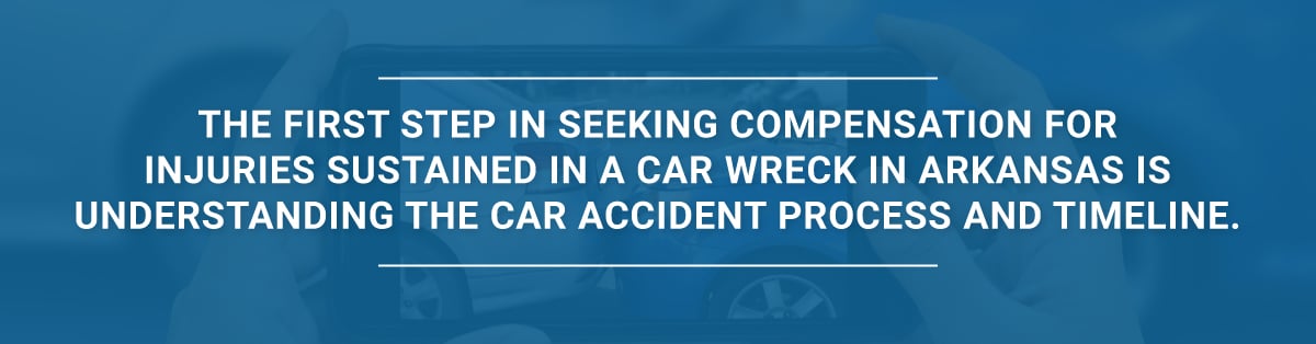 The first step in seeking compensation for injuries sustained in a car wreck in Arkansas is understanding the car accident process and timeline.